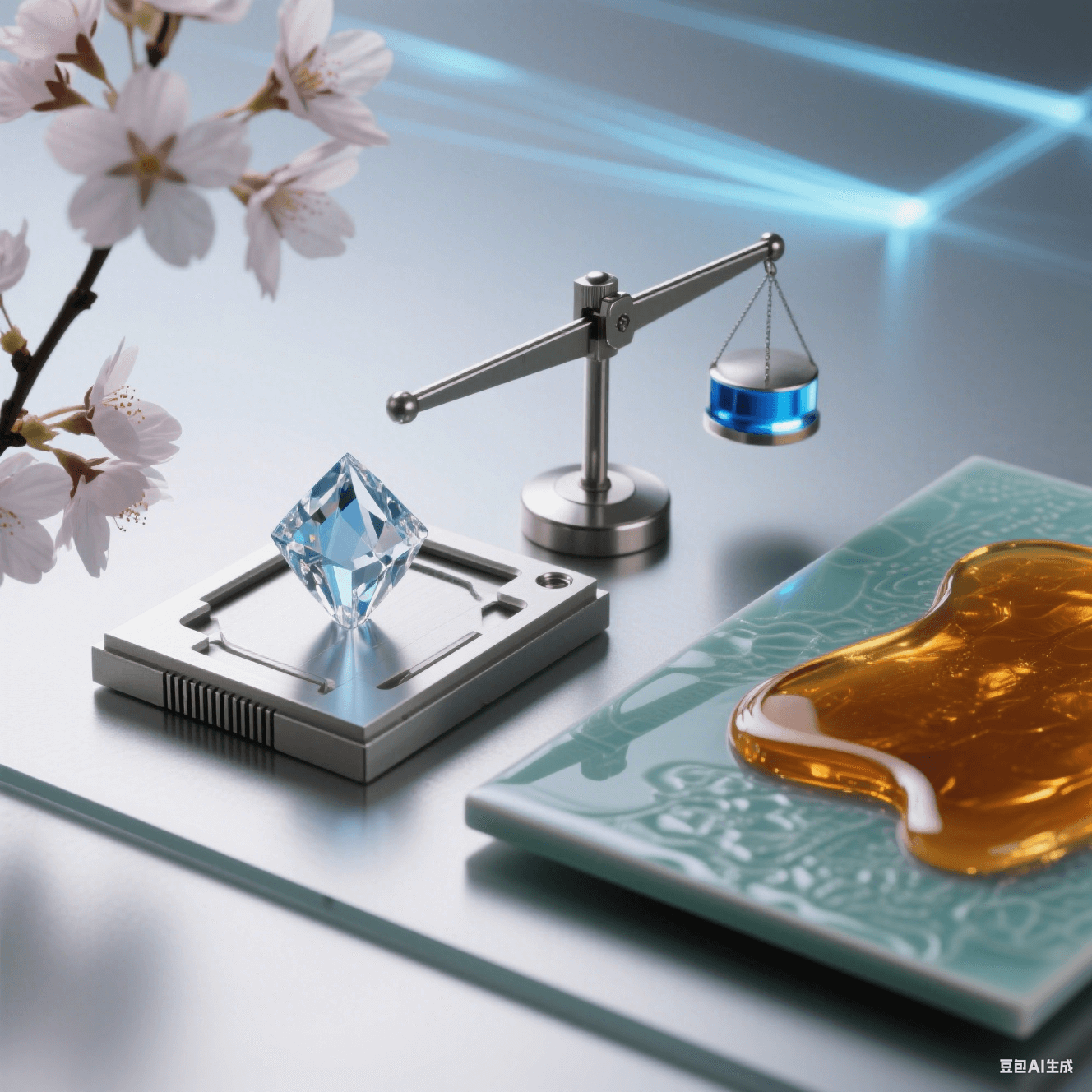 樱花映衬下,钻石晶体放金属台,中央天平偏向右端蓝光砝码,琥珀流体漫过青瓷托盘,科技背景暗喻价值的多维权衡 樱花映衬下,钻石晶体放金属台,中央天平偏向右端蓝光砝码,琥珀流体漫过青瓷托盘,科技背景暗喻价值的多维权衡