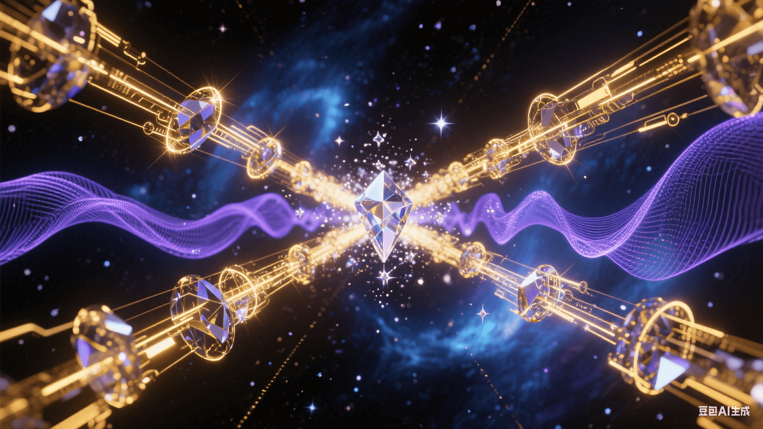 相位稳定抽象科技艺术:水晶状信号波束在暗宇宙精准同步,黄金色电磁轨道平行延伸,蓝紫色相位波纹稳定扩散,背景为量子蓝与暗物质黑渐变星云,光束交汇处有钻石星尘特效 相位稳定抽象科技艺术:水晶状信号波束在暗宇宙精准同步,黄金色电磁轨道平行延伸,蓝紫色相位波纹稳定扩散,背景为量子蓝与暗物质黑渐变星云,光束交汇处有钻石星尘特效