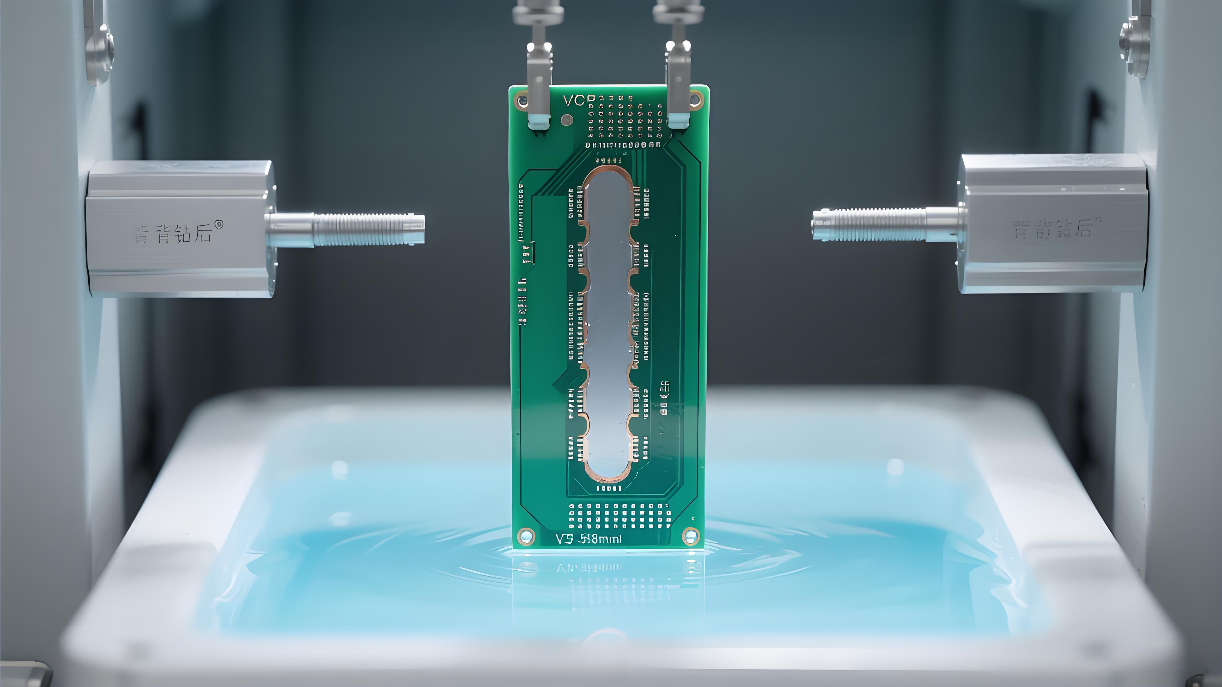 PCB背钻后VCP垂直电镀 淡蓝色电镀液与背钻孔银灰色铜层 孔铜厚度控制场景 PCB背钻后VCP垂直电镀 淡蓝色电镀液与背钻孔银灰色铜层 孔铜厚度控制场景