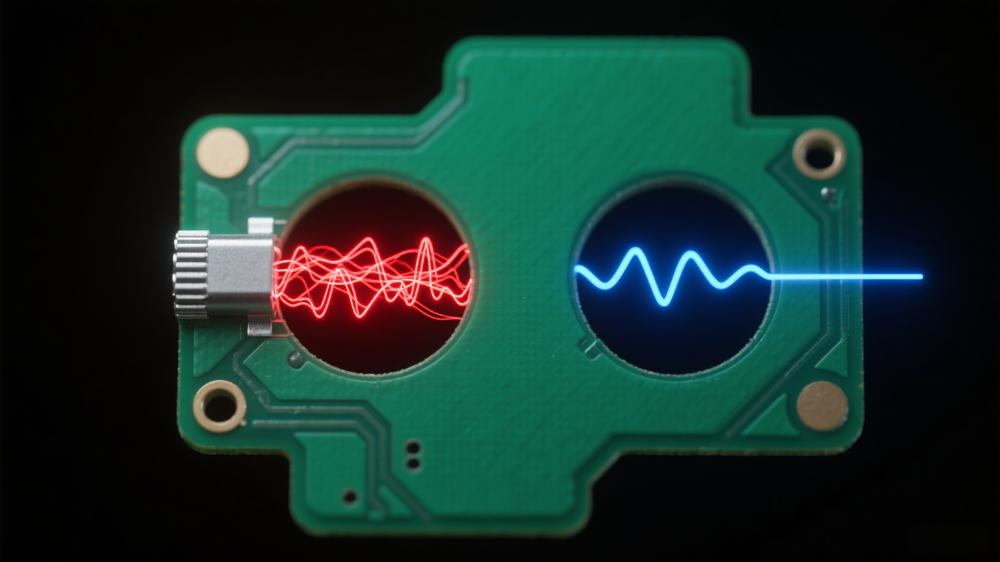 PCB通孔Stub谐振影响可视化 红色反射信号与蓝色顺畅信号对比 PCB通孔Stub谐振影响可视化 红色反射信号与蓝色顺畅信号对比