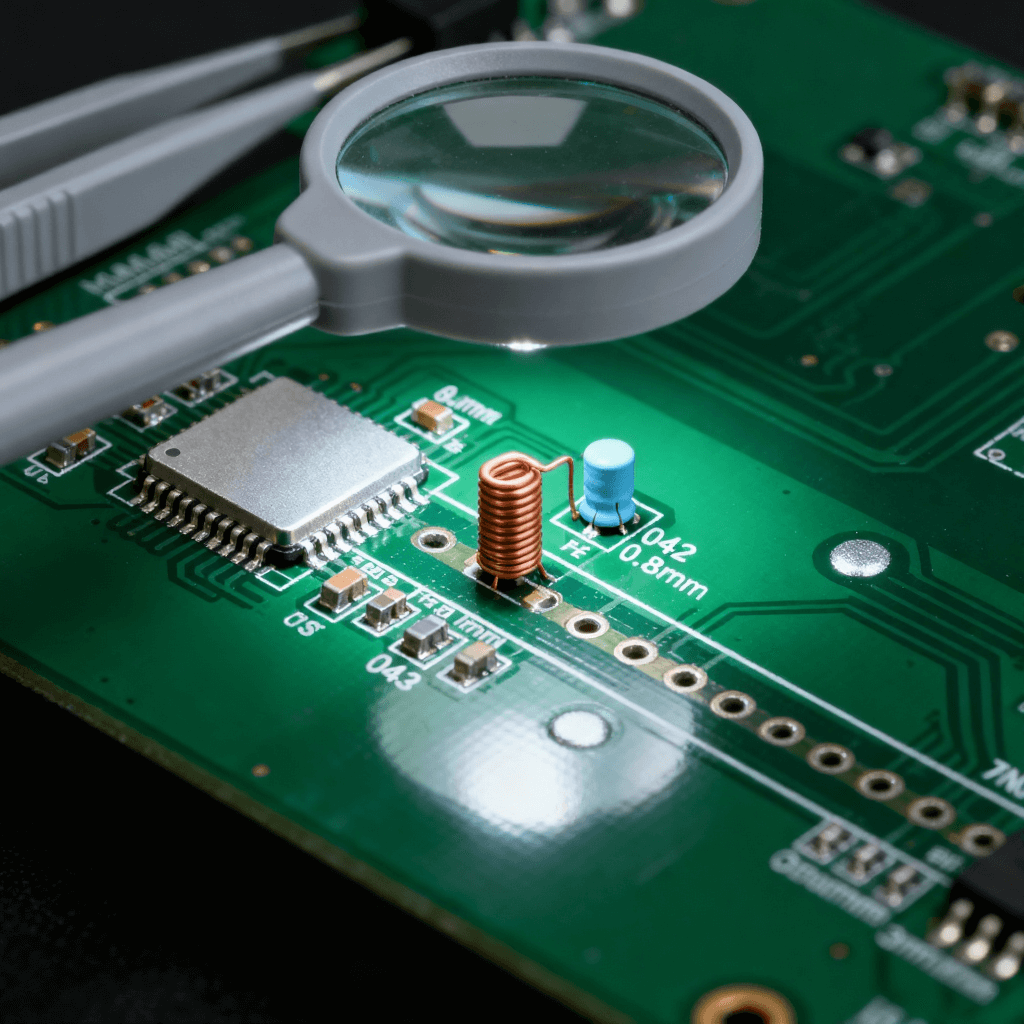 射频前端 PCB 无源元件布局场景,匹配元件贴近芯片 + 馈电电感垂直放置 + 馈点净空 射频前端 PCB 无源元件布局场景,匹配元件贴近芯片 + 馈电电感垂直放置 + 馈点净空