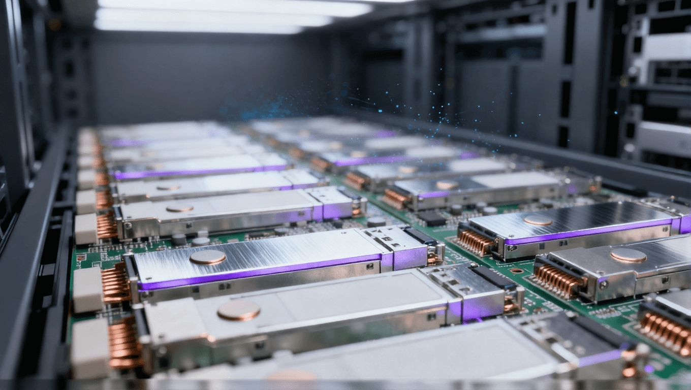 数据中心光模块 PCB 组件 服务器机柜场景 银色散热片 淡紫色信号光效 光通信设备 冷色调科技氛围