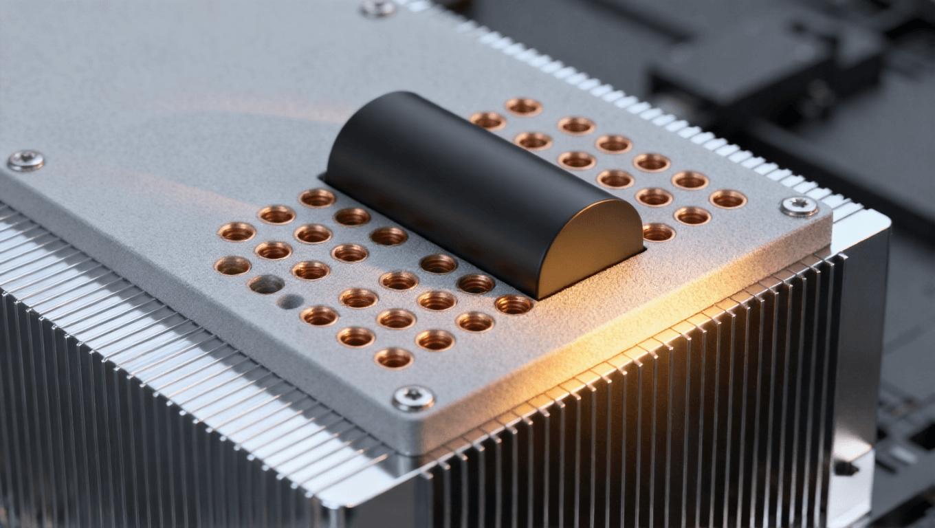光模块PCB热管理结构特写 嵌入式黑色热管 铜色散热孔阵列 银色散热片 暖黄侧光 科技感