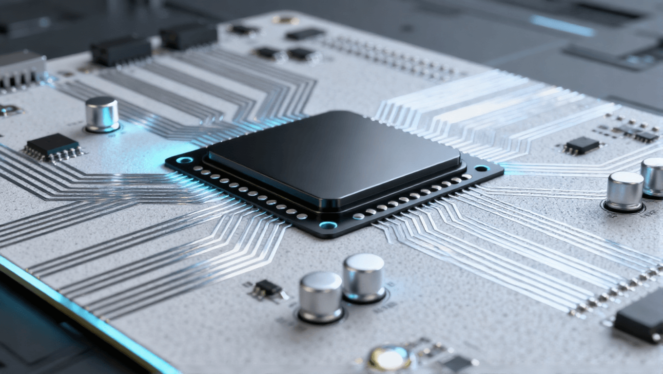 光模块 PCB 微距特写 多层结构 银铜色精密线路 哑光黑热沉 散热孔阵列 科技实验室背景 冷色调科技感