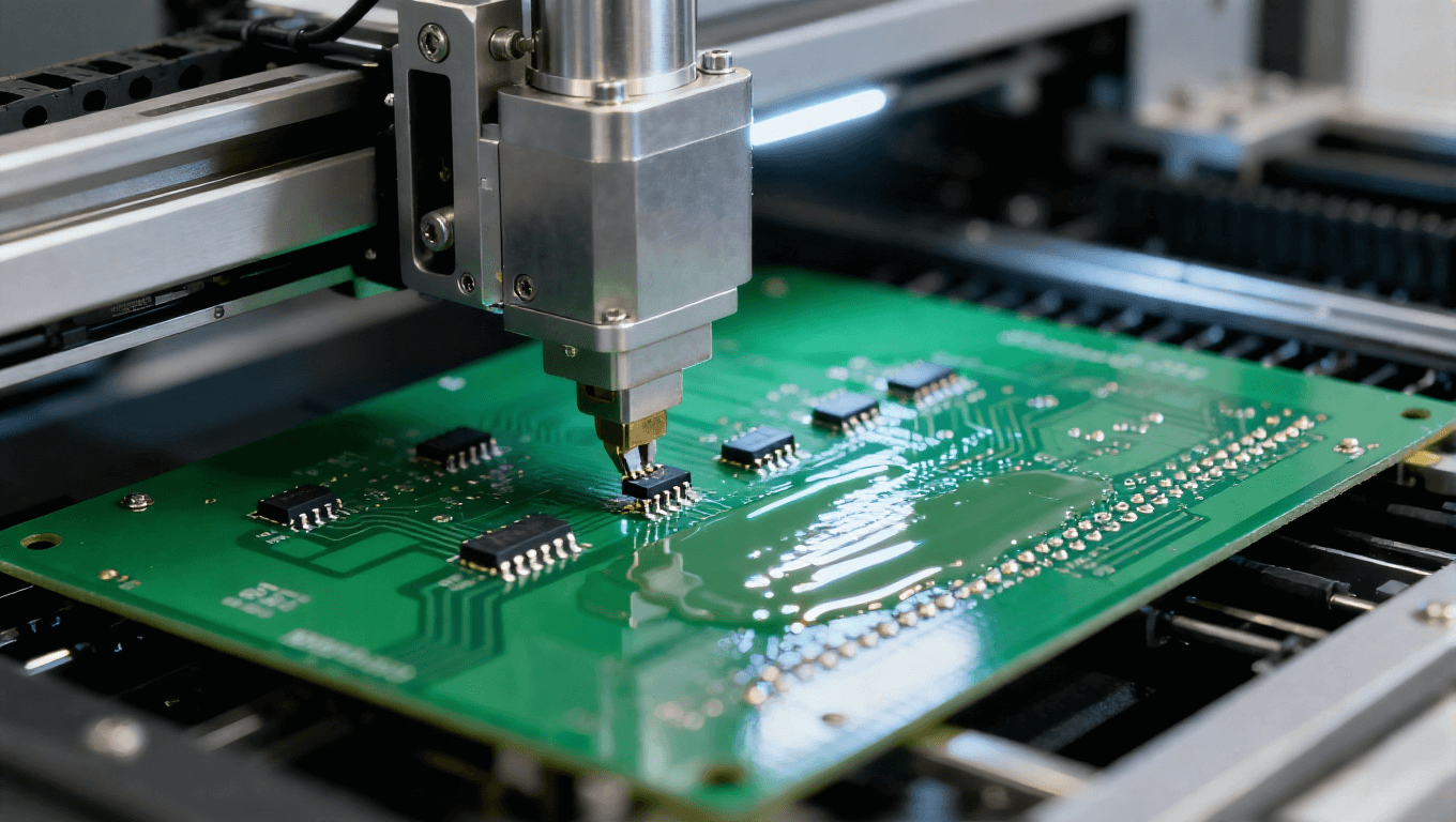 自动化贴片机机械臂抓取元器件，对准绿色 PCB 焊盘的 SMT 贴装工序，焊盘涂有高亮焊膏.png