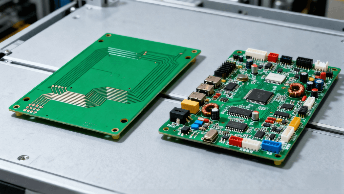 左侧绿色 PCB 空板、右侧集成元器件的 PCBA 组件，并列摆放的电子制造对比展示