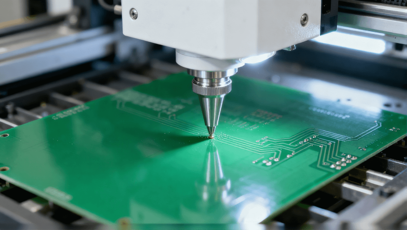 数控钻孔设备对绿色 PCB 基板进行钻孔，冷白光聚焦钻孔点的工业加工场景
