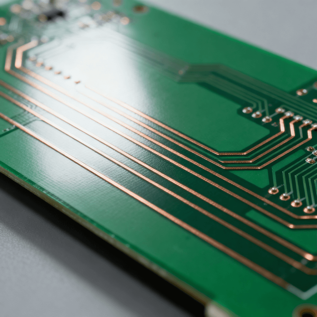 绿色 PCB 印刷电路板特写，表面分布精密铜箔导电线路的硬质电子载体