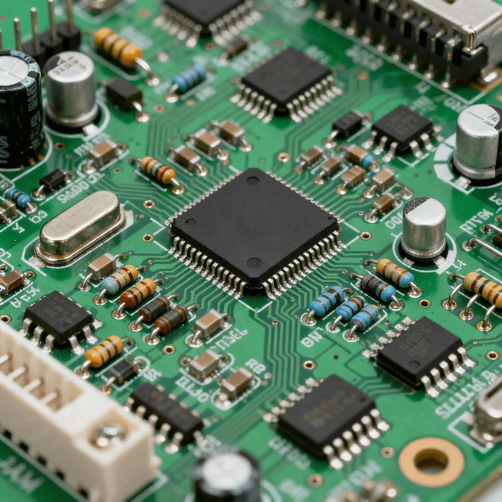 绿色 PCB 基板上集成电阻、电容、芯片的 PCBA 组件，焊点呈现金属光泽