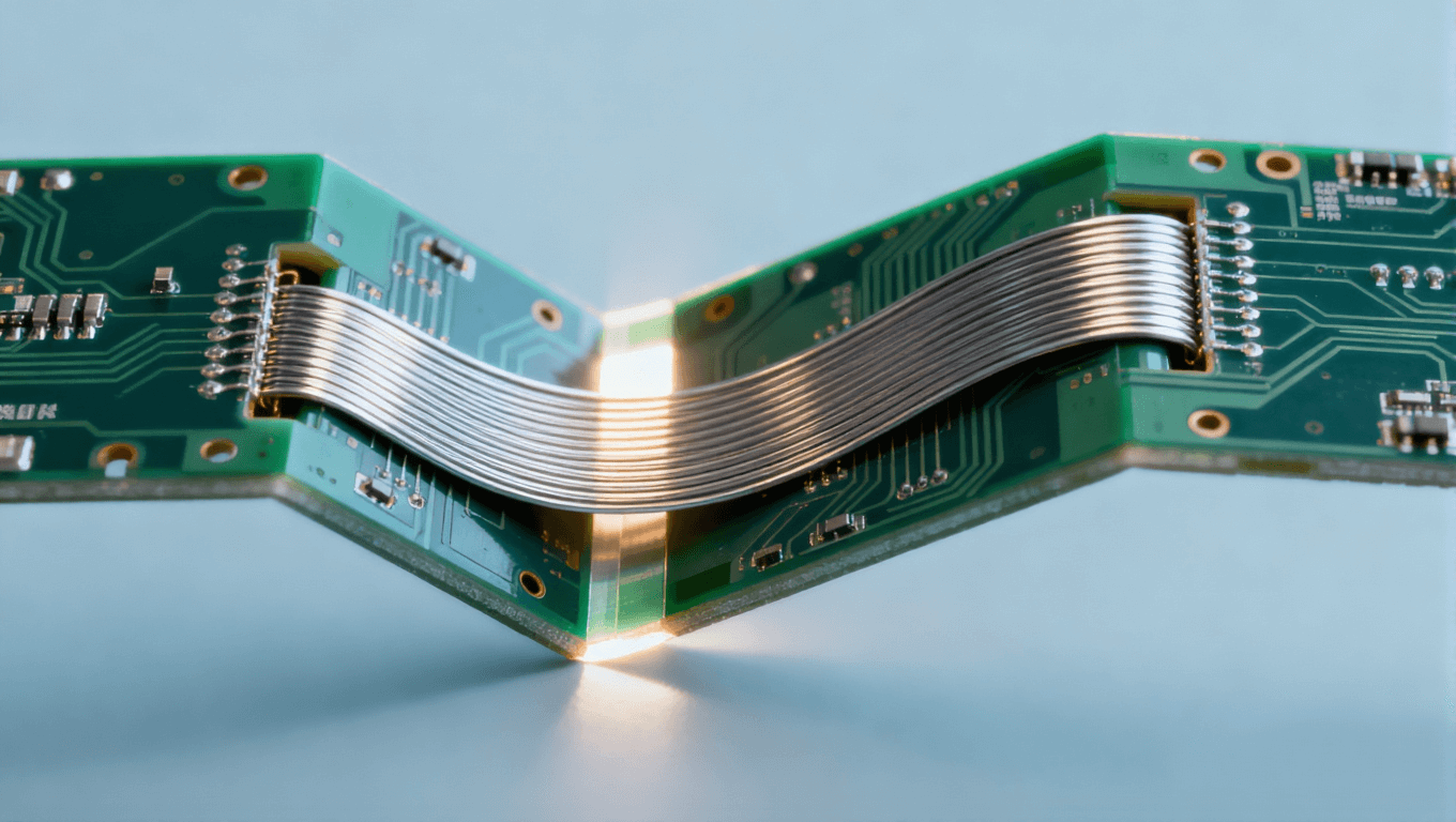 超弹性合金内嵌于可折叠电路板铰链区结构图，体现其提升耐折次数的解决方案