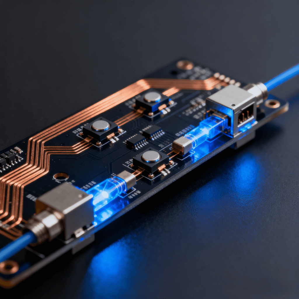 高频光模块PCB细节图，展现激光器件和光电转换元件布局