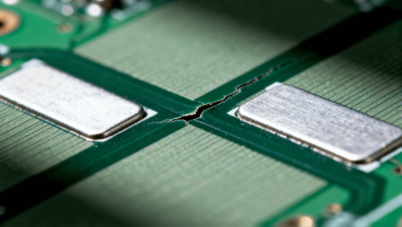 PCB板上阻焊桥出现裂纹与翘起的微距特写,展示工艺缺陷问题 PCB板上阻焊桥出现裂纹与翘起的微距特写,展示工艺缺陷问题