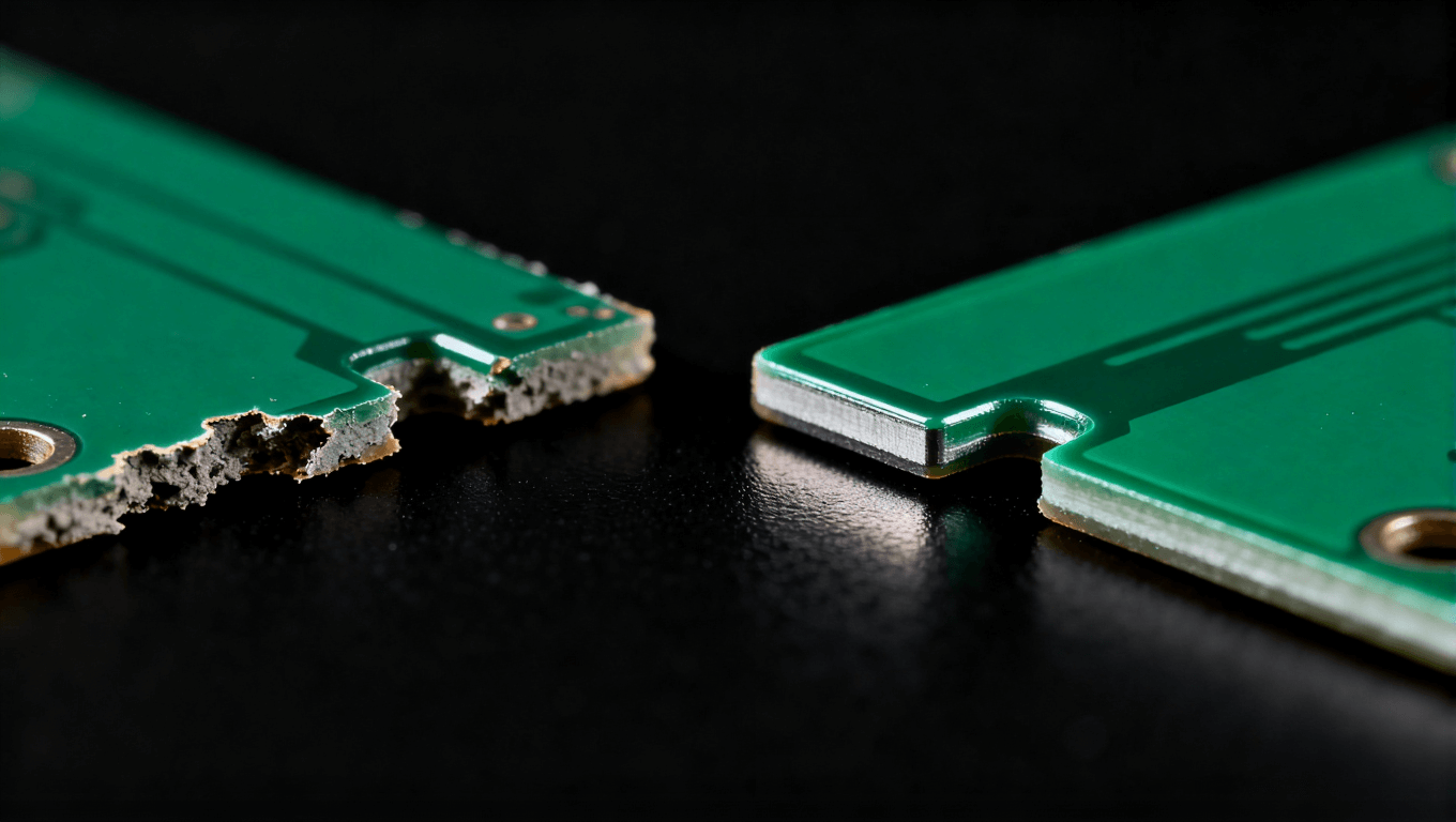 PCB阻焊桥工艺优化前后效果对比微距照片,左为问题板,右为优化后良品 PCB阻焊桥工艺优化前后效果对比微距照片,左为问题板,右为优化后良品