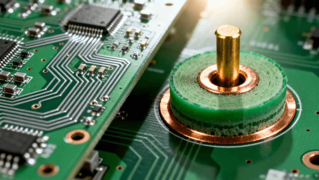 PCB一阶过孔横截面结构示意图,展示过孔贯穿所有层且仅顶层底层有焊盘 PCB一阶过孔横截面结构示意图,展示过孔贯穿所有层且仅顶层底层有焊盘