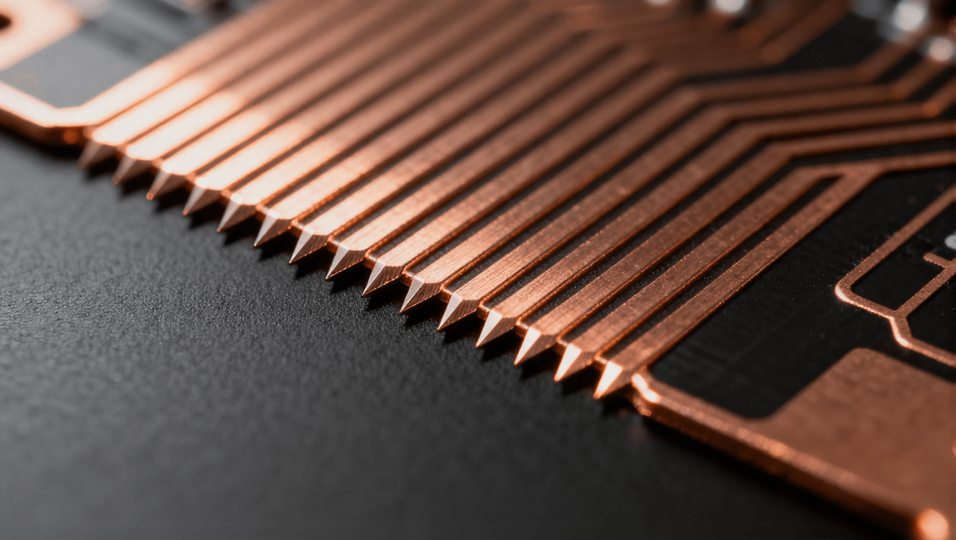 高密度PCB线路微观视图，展示精细线宽与间距控制，适用于HDI板和5G设备应用