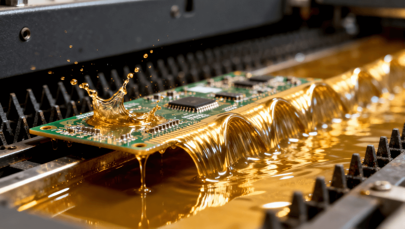 波峰焊过程中液态焊料波峰与PCB接触的动态瞬间，突出焊接工艺的流体特性