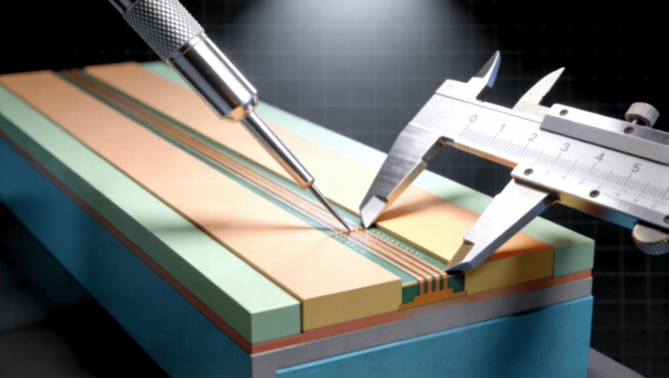 PCB微带线横截面几何参数测量3D渲染示意图,展示线宽铜厚对阻抗的影响 PCB微带线横截面几何参数测量3D渲染示意图,展示线宽铜厚对阻抗的影响