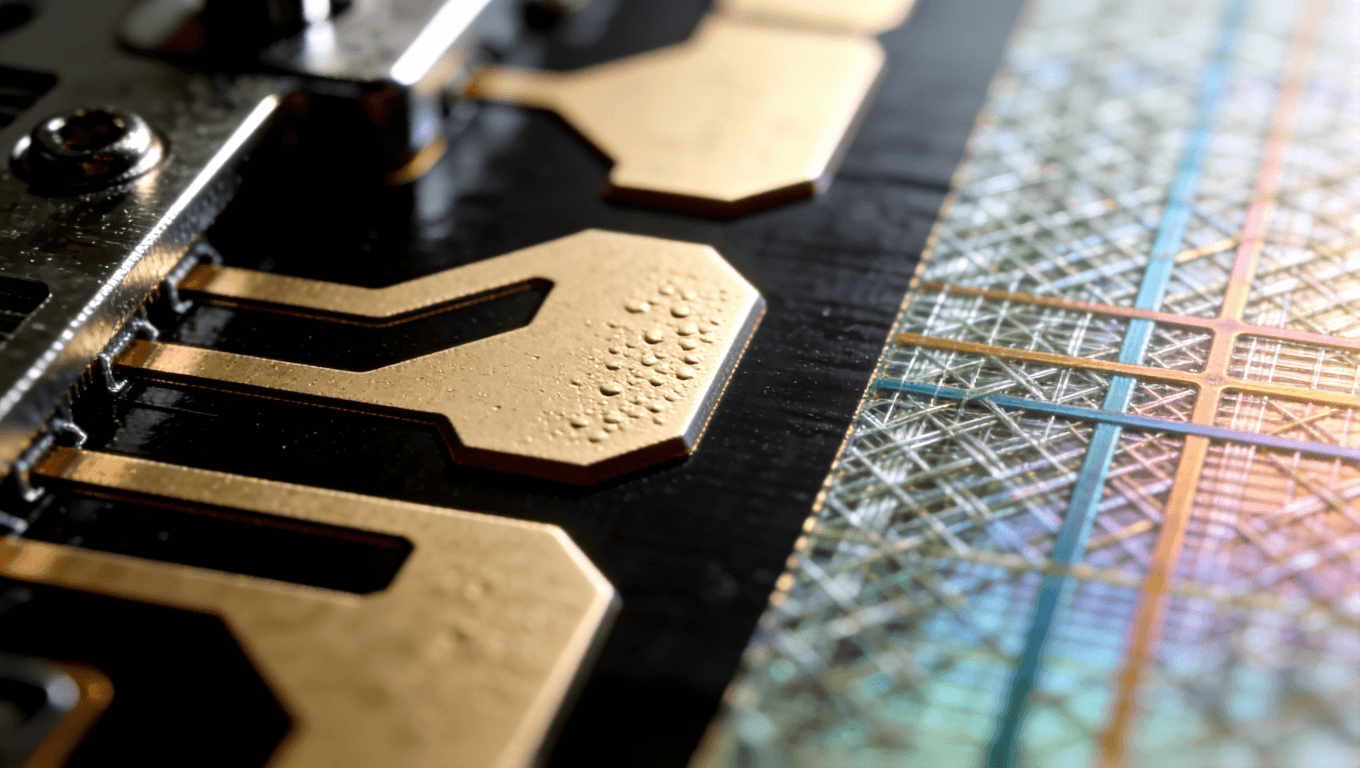 高频PCB走线截面微观视图，展示蚀刻工艺偏差与玻璃纤维编织效应