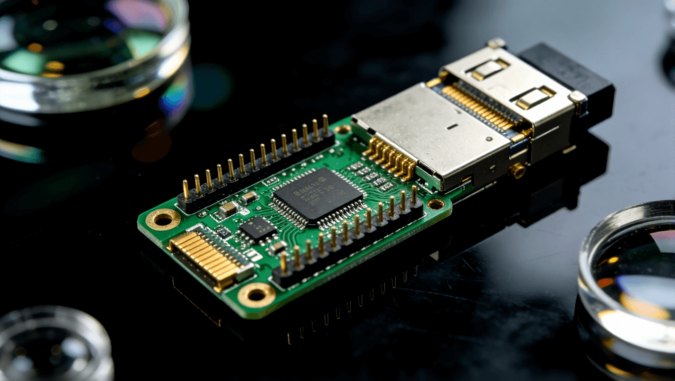 成品光模块PCB展示,绿色焊盘与金色连接器,呈现高质量制造工艺 成品光模块PCB展示,绿色焊盘与金色连接器,呈现高质量制造工艺