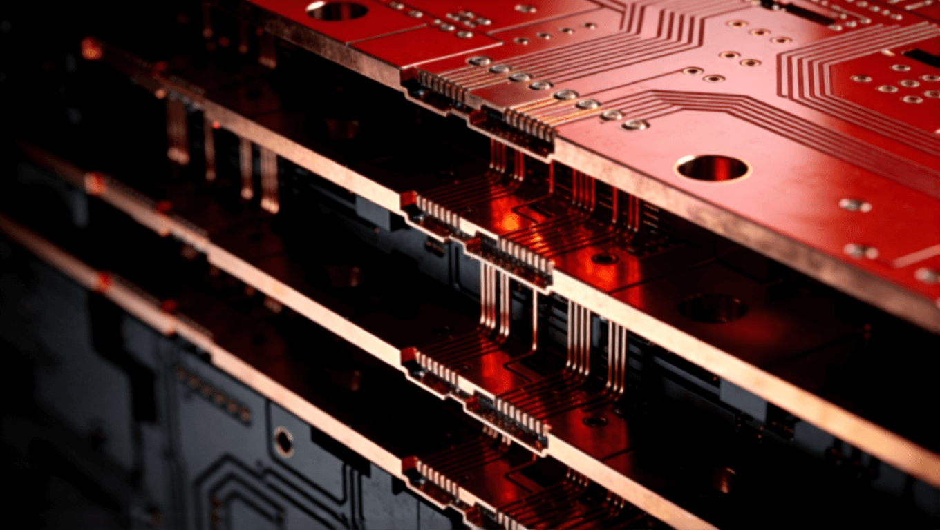 多层光模块PCB内部结构抽象3D视图,展示盲埋孔与厚铜工艺 多层光模块PCB内部结构抽象3D视图,展示盲埋孔与厚铜工艺