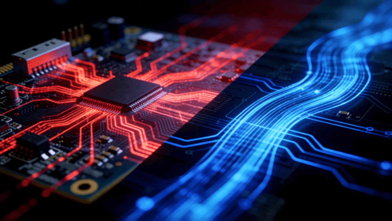 光模块PCB信号完整性问题与优化方案对比图,红蓝信号流视觉对比 光模块PCB信号完整性问题与优化方案对比图,红蓝信号流视觉对比