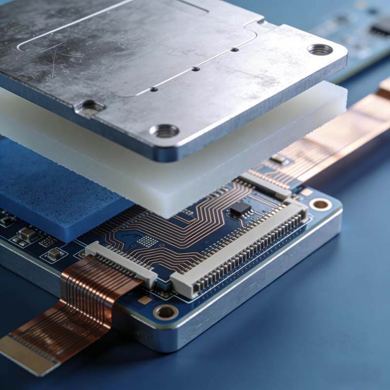 热覆层PCB选型与设计：工程师工作台上展示铝基板与铜基板结构细节，突出三层复合核心设计要素