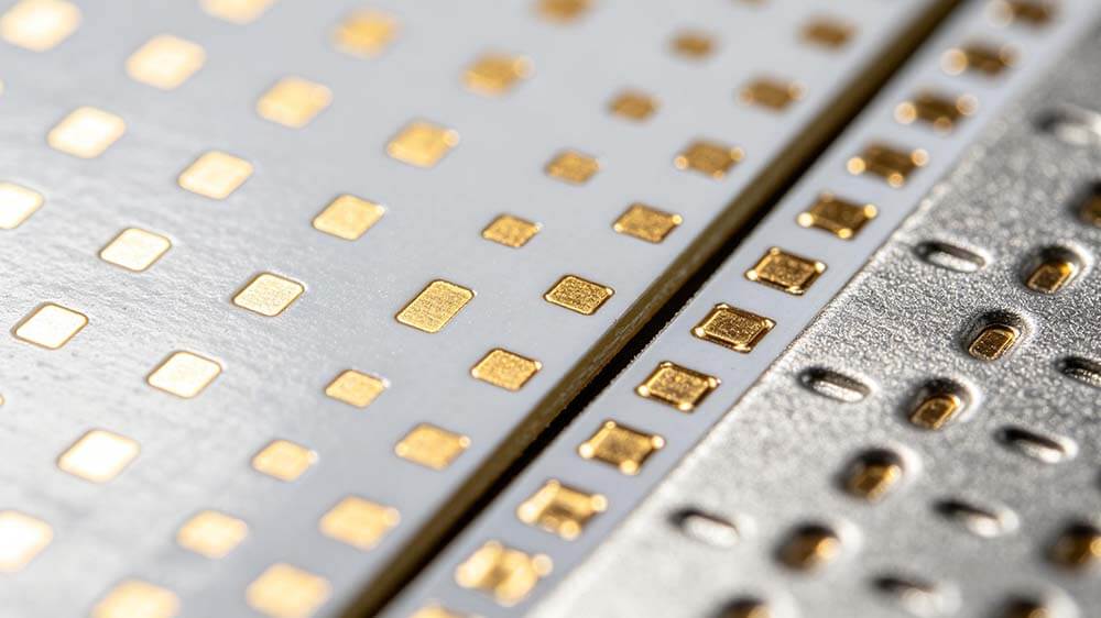 金属芯PCB投产细节与表面处理,白色阻焊与沉金工艺的微距对比特写 金属芯PCB投产细节与表面处理,白色阻焊与沉金工艺的微距对比特写