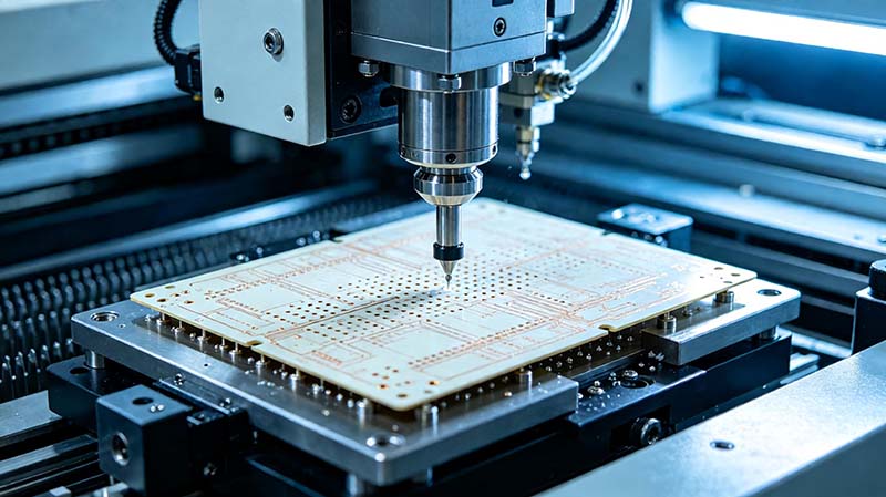 PTFE 高频 PCB 制造工艺中的精密加工场景，展示钻孔和高可靠电路板生产过程