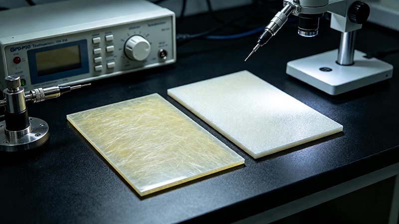 PTFE 与 FR4 高频板对比分析中的 PCB 基材展示，体现不同材料结构和高频性能差异