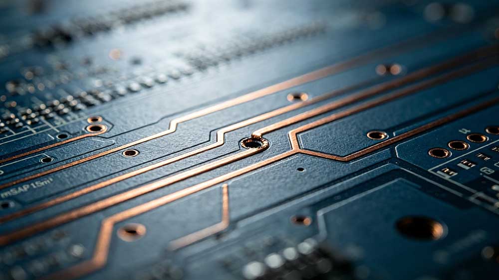 高阶PCB技术门槛——显微镜下mSAP工艺制作的15微米级精细铜线路与激光微盲孔截面，展示CoWoP封装对PCB线宽线距精度的核心挑战